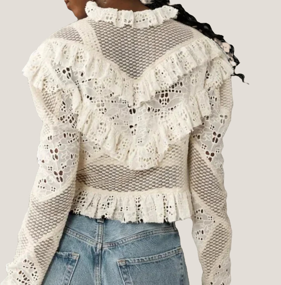 Embroidered Lace Cropped Blouse (Size Small) image 4