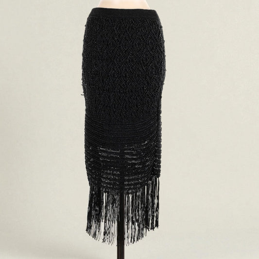 Black Midi Skirt w Fringe (Size Medium) image 1