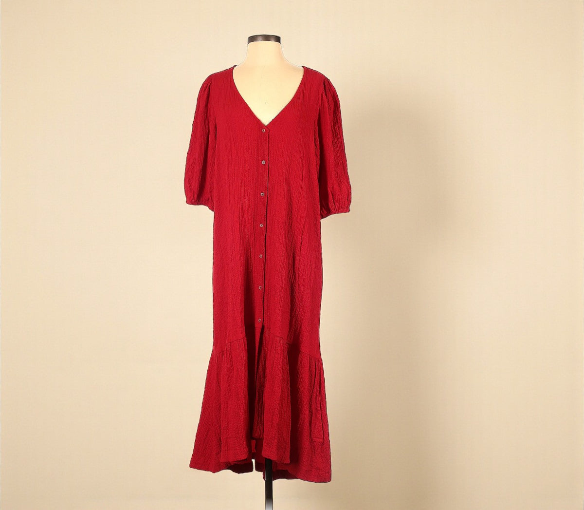 Scarlet Red Seersucker Button Front Midi Dress (Size Small) image 0