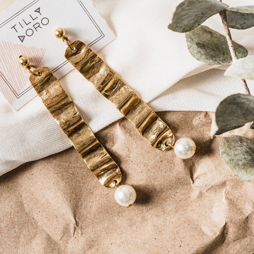 Wave + Pearl Drop Earrings | 24K Gold Plate