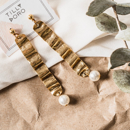 Wave + Pearl Drop Earrings | 24K Gold Plate