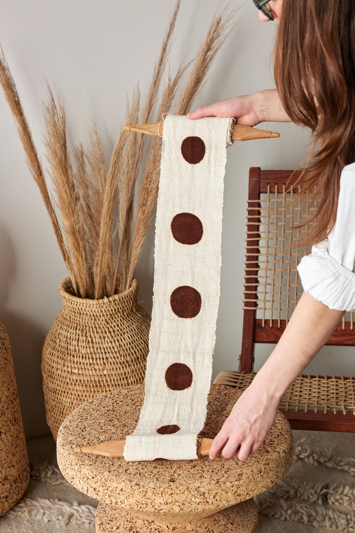 Flourish Bogolan Wall Totem | White with Brown Circles