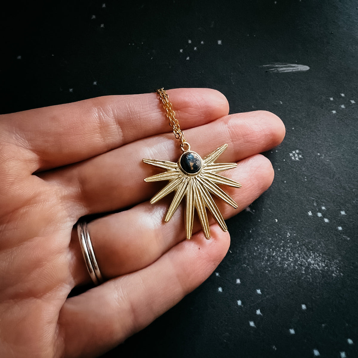 Dark Before the Dawn Sunburst Pendant Necklace with Copper Lapis Lazuli