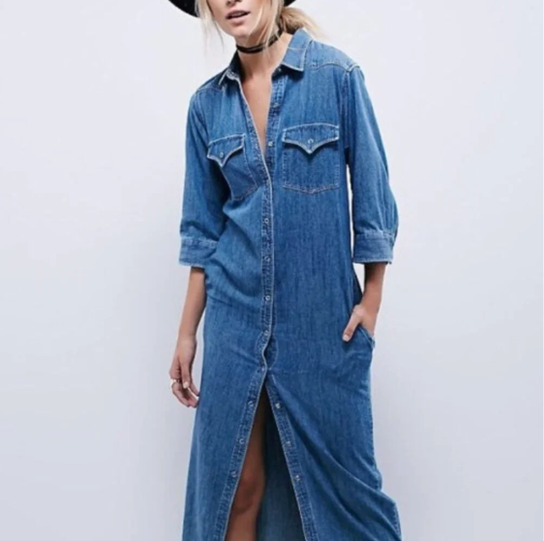 Western Long Sleeve Denim Midi Shirt Dress | Size Small