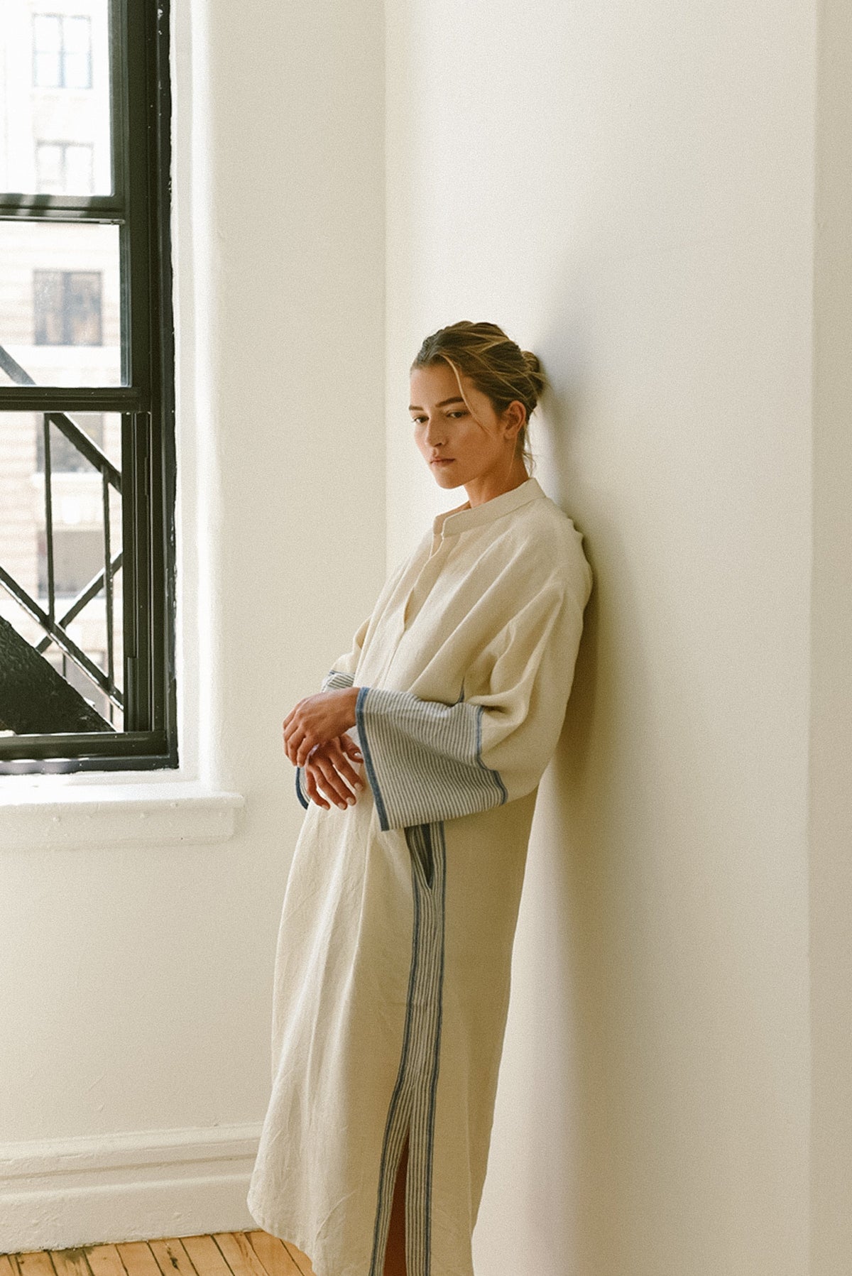 Tribeca Long Sleeve Maxi Kaftan | Ivory + Blue