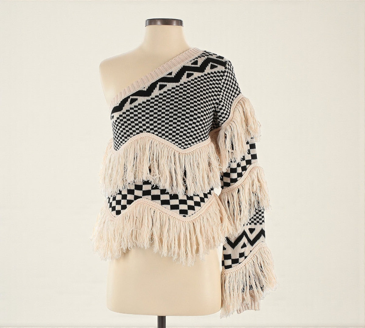 One Shoulder Sweater w Fringe (Size Small) image 0