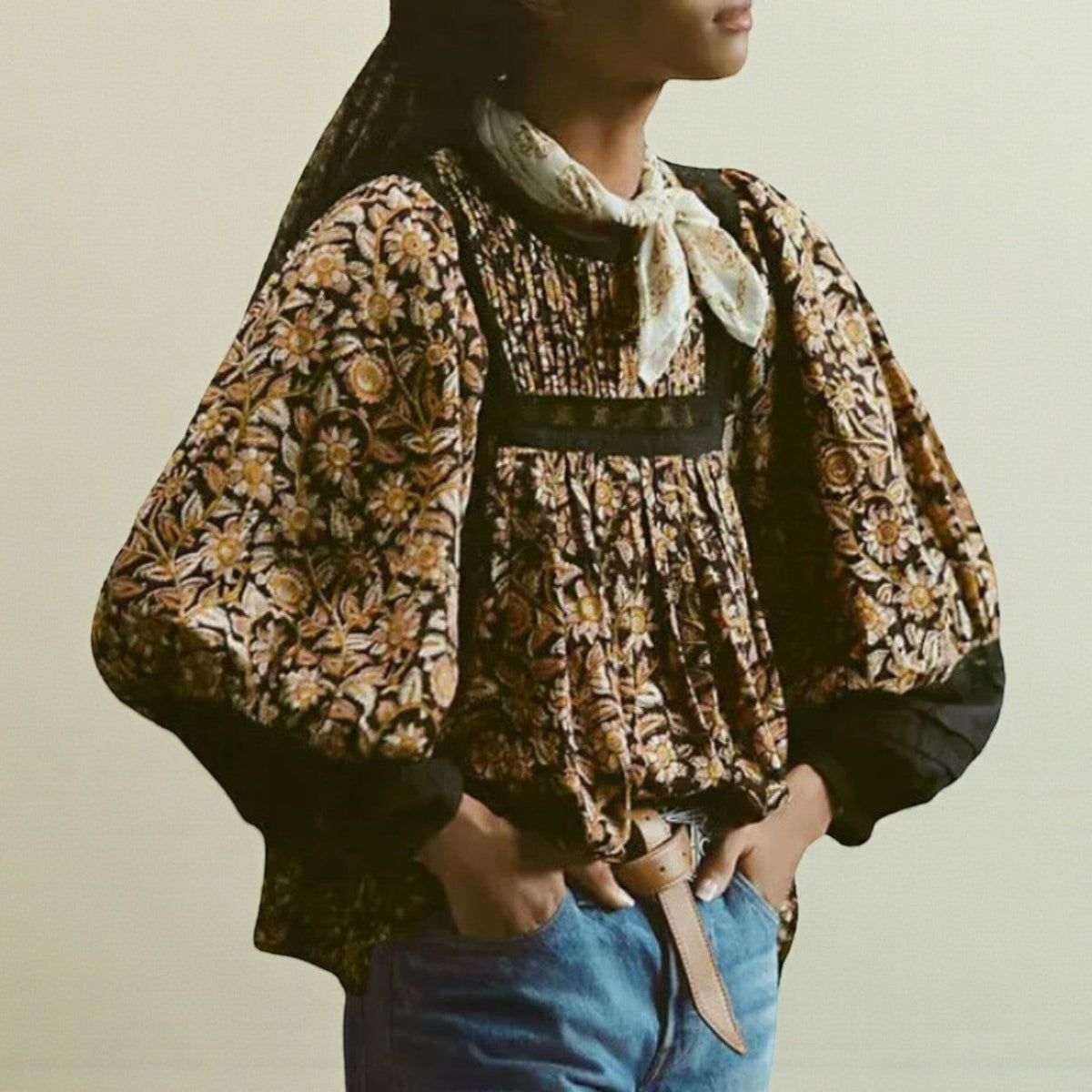 Long Sleeve Black Ground Floral Print Blouse w Embroidery (Size Medium) image 1
