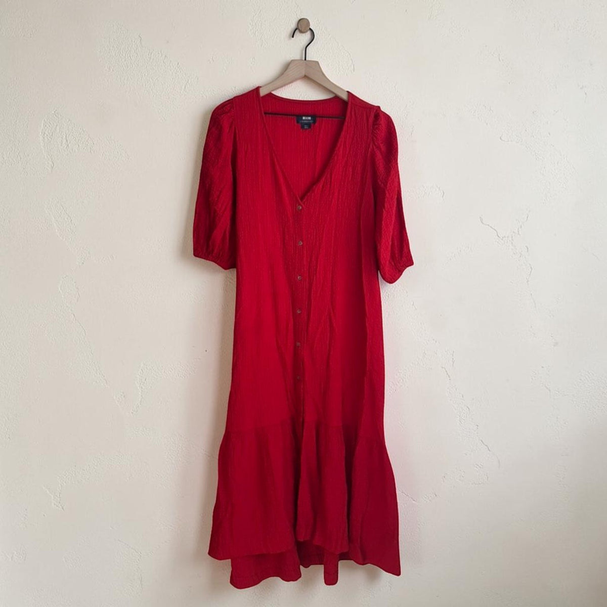 Scarlet Red Seersucker Button Front Midi Dress | Size Small