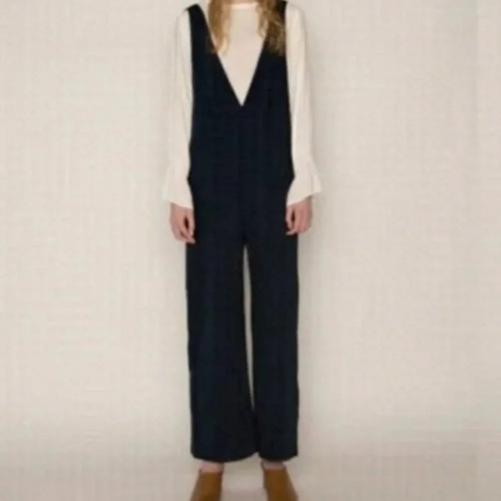 Navy Deep Plunge Wide Leg Jumpsuit | Size Medium