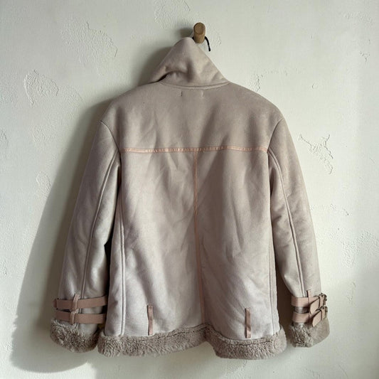 Sand Faux Suede Sherpa Lined Moto Jacket | Size Medium