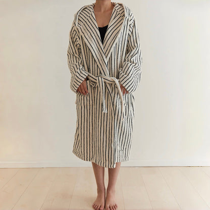Scandi Retro 100% Long-stapled Cotton Stripe Hooded Bathrobe