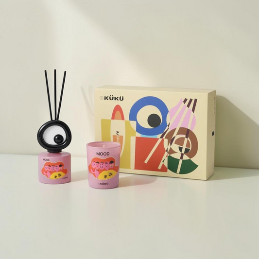 Good Bounty WEKÜKÜ Mood tomato leaf scented candle and fragrance diffuser set with whimsical Big Eye illustrated vessels