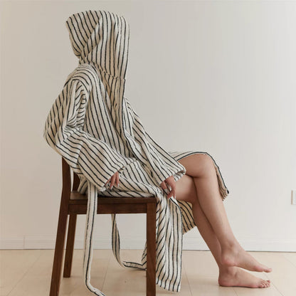Scandi Retro 100% Long-stapled Cotton Stripe Hooded Bathrobe
