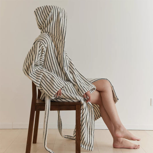 Scandi Retro 100% Long-stapled Cotton Stripe Hooded Bathrobe