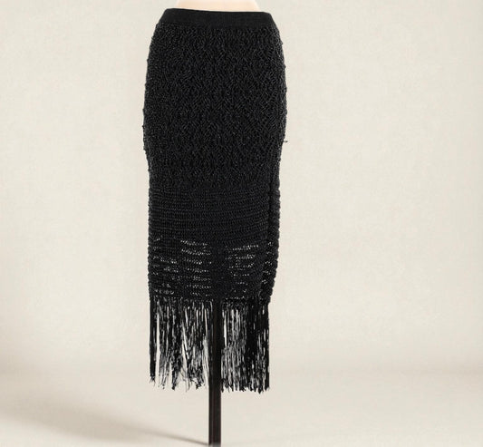 Black Midi Skirt w Fringe (Size Medium) image 0