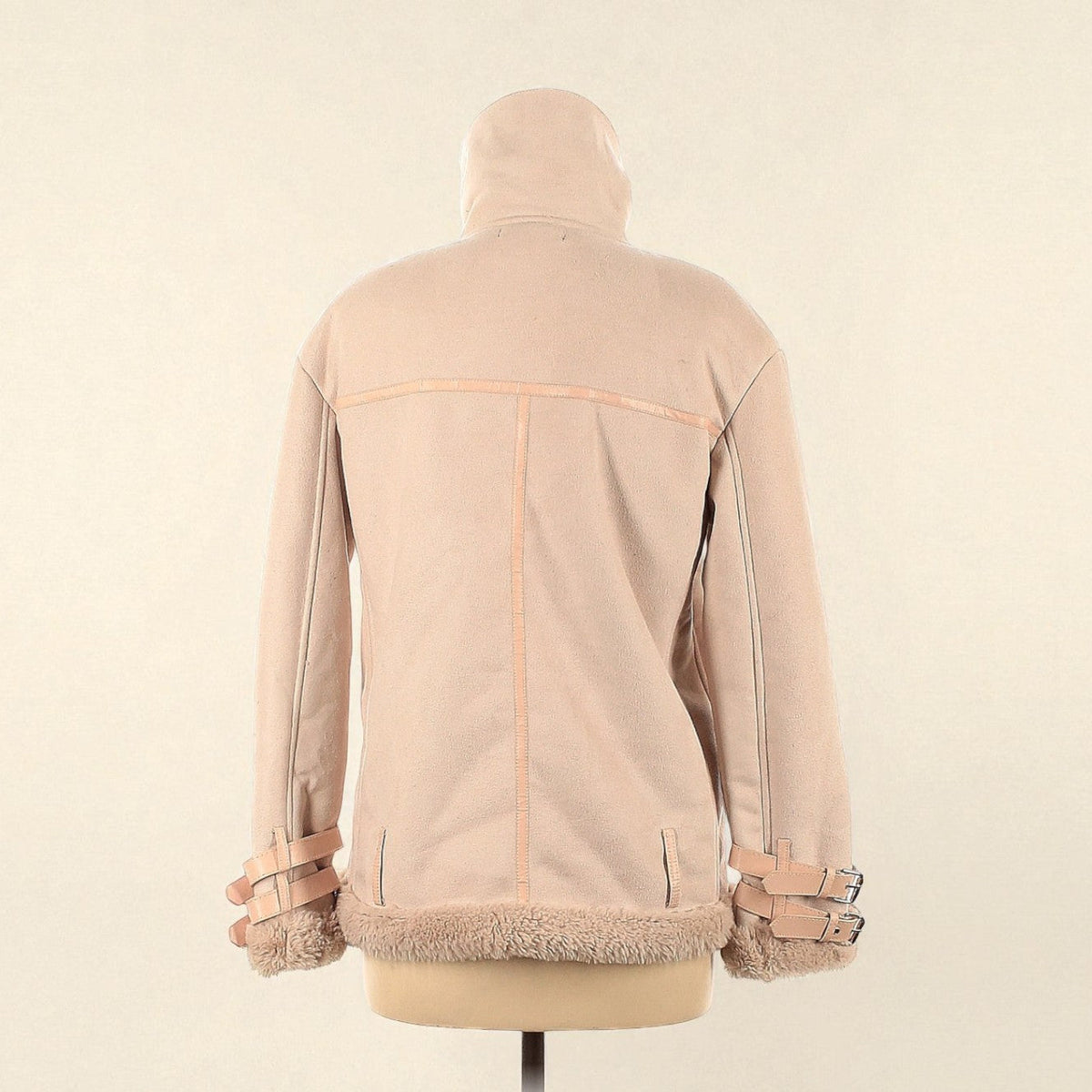 Beige Faux Suede Sherpa Lined Moto Jacket (Size Medium) image 1