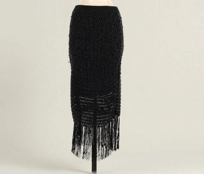 Black Midi Skirt w Fringe (Size Medium) image 1