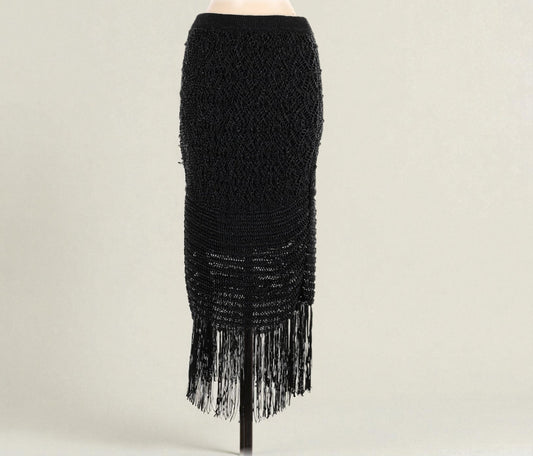 Black Midi Skirt w Fringe (Size Medium) image 1