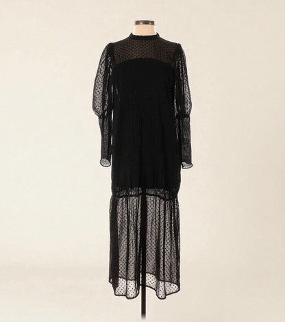 Long Sleeve Sheer Black Maxi Dress w Puff Sleeves (Size Small) image 0