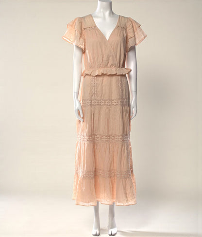 Beige V-Neck Midi Dress (Size Medium) image 0