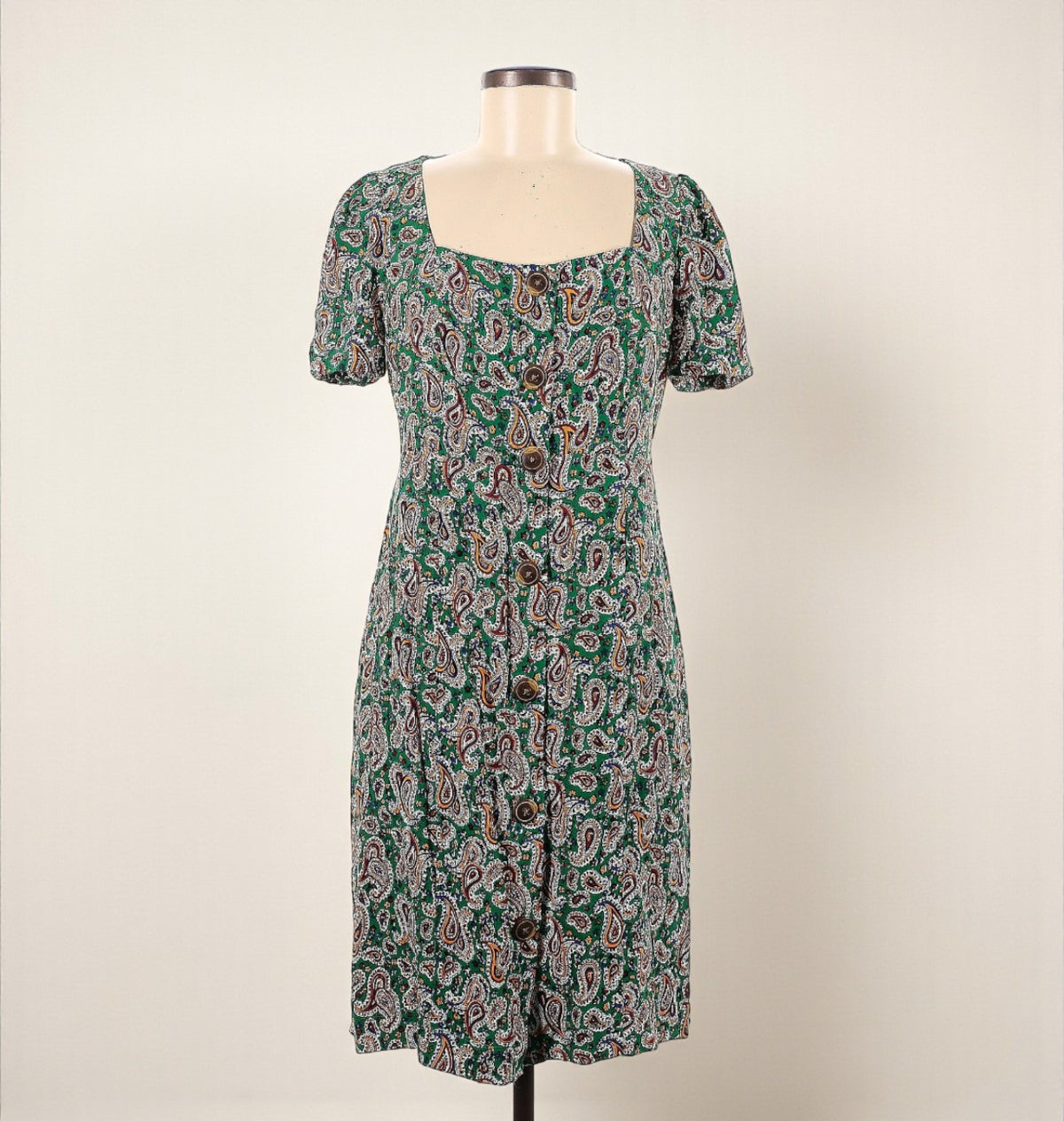 Short Sleeve Green Paisley Button Front Mini Dress (Size 8) image 0