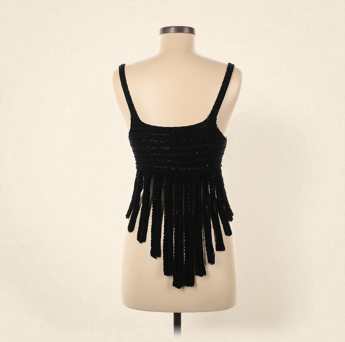 Vintage Black Crochet Crop Top w Fringe (Size 6) image 1