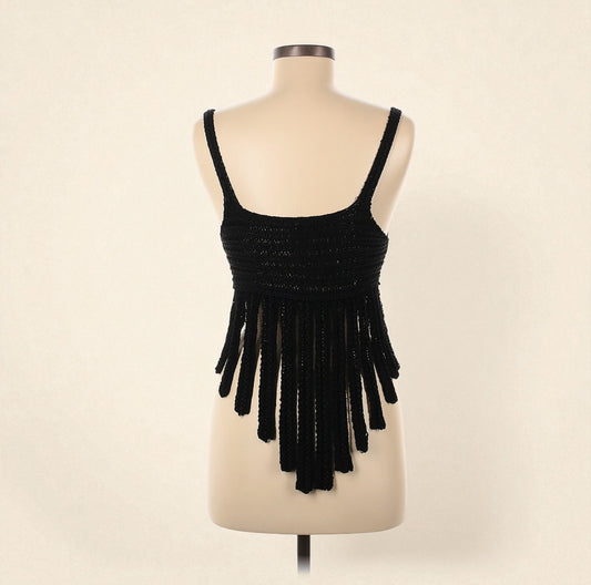 Vintage Black Crochet Crop Top w Fringe (Size 6) image 1