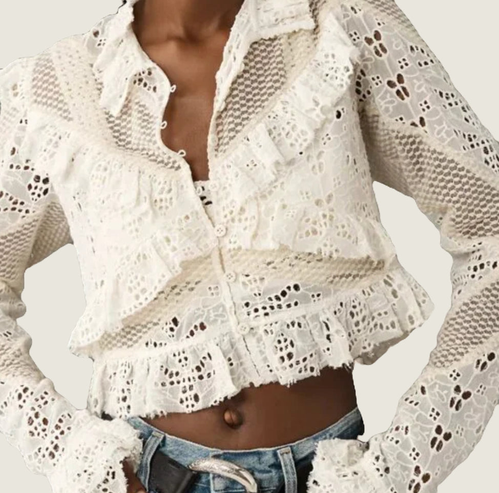 Embroidered Lace Cropped Blouse (Size Small) image 2