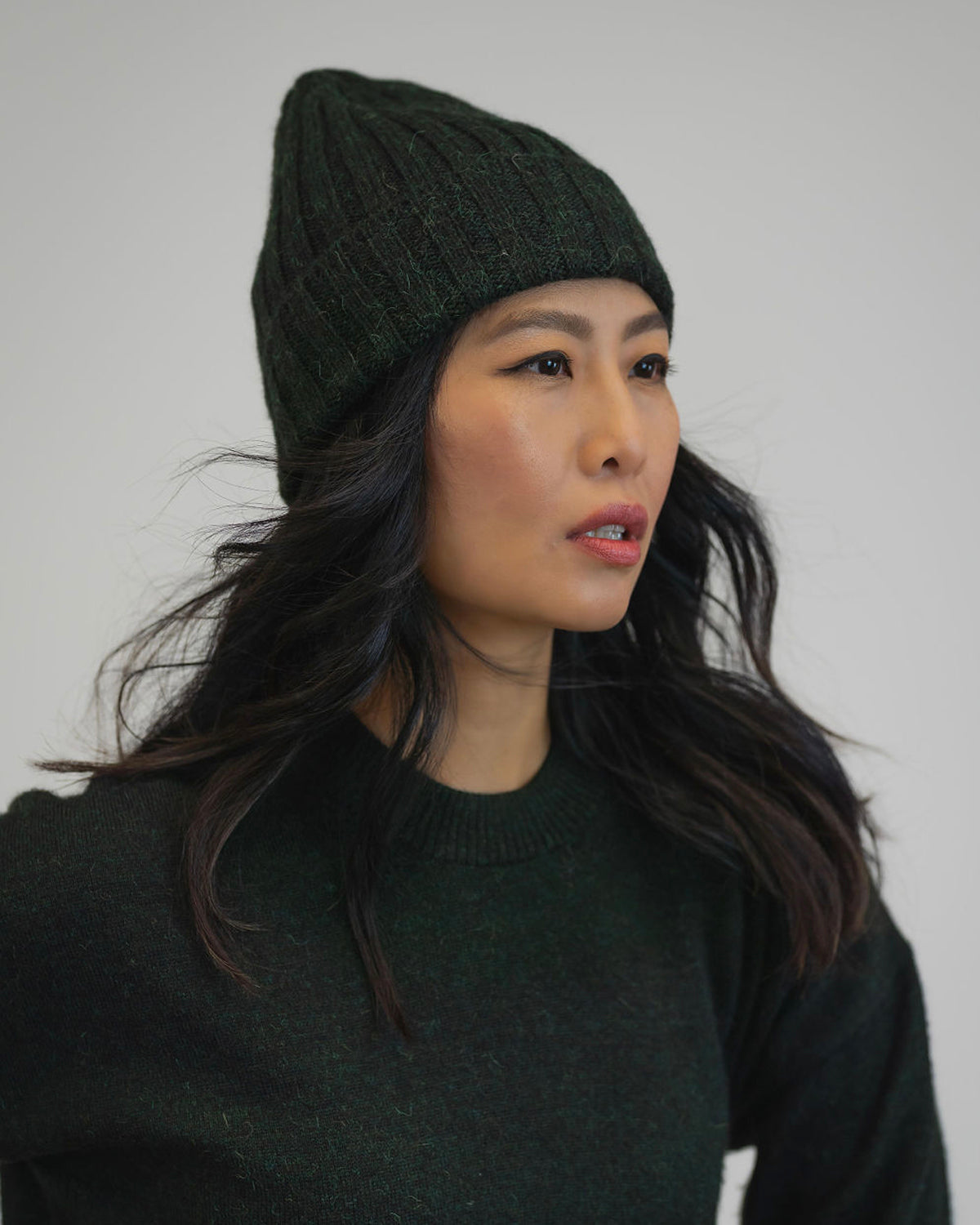 Baby Alpaca Ribbed Beanie | Green Envy