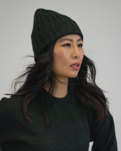 Baby Alpaca Ribbed Beanie | Green Envy