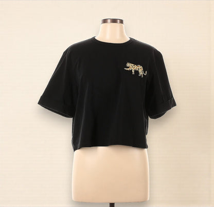 Veronica Beard Black Short Sleeve Tiger Patch Graphic Tee (Size Large) image 0