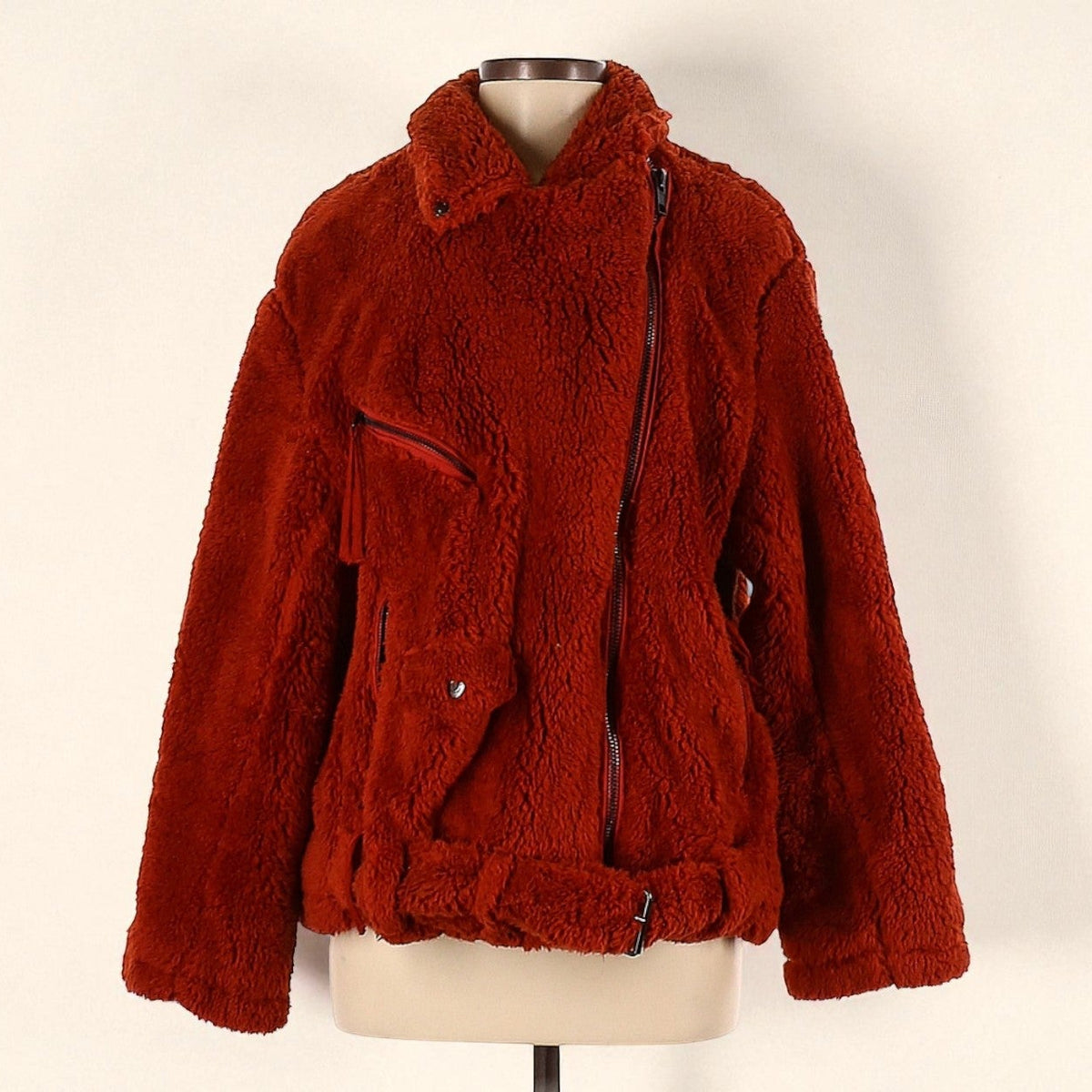 Oversized Red Fleece Moto Jacket (Size Medium) image 0