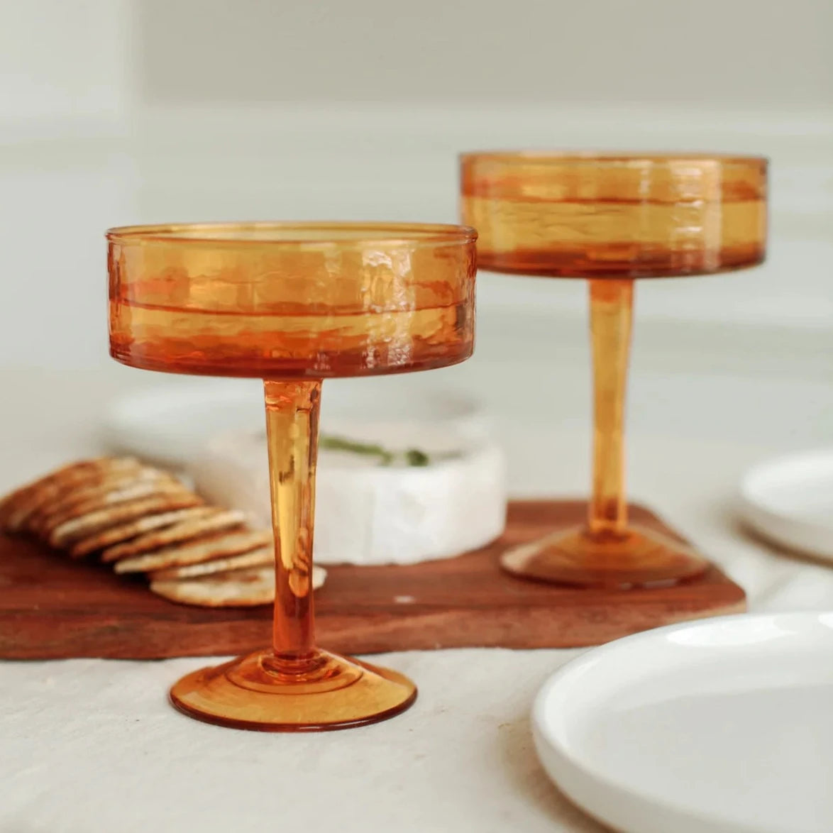 Handblown Hammered Coupe Cocktail Glasses in Amber | Set of 4