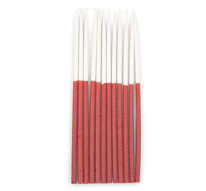 Red & Pearl Two-Tone Thin Taper Candles | Set of 12