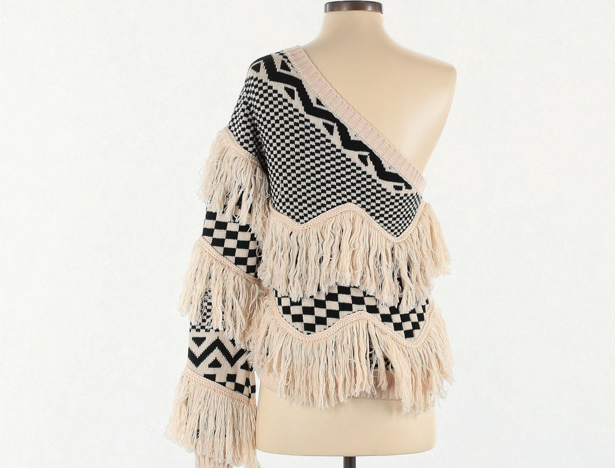 One Shoulder Sweater w Fringe (Size Small) image 1