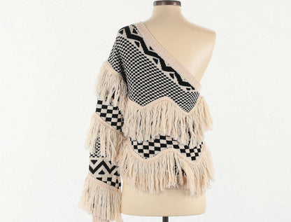 One Shoulder Sweater w Fringe (Size Small) image 1