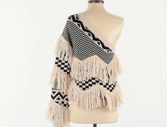 One Shoulder Sweater w Fringe (Size Small) image 1