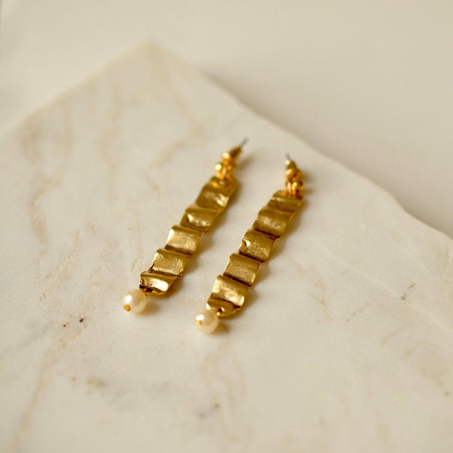 Wave + Pearl Drop Earrings | 24K Gold Plate
