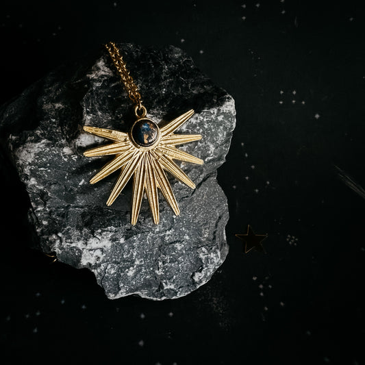 Dark Before the Dawn Sunburst Pendant Necklace with Copper Lapis Lazuli