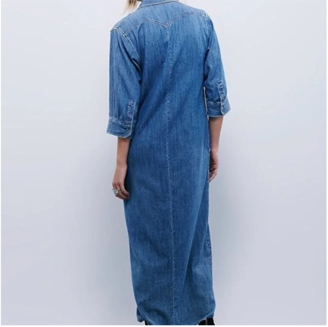Western Long Sleeve Denim Midi Shirt Dress | Size Small