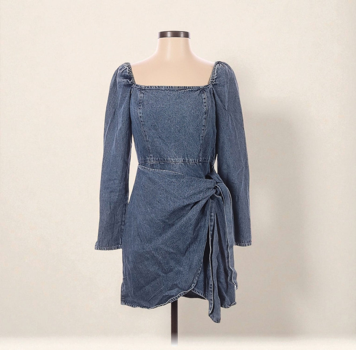 Long Sleeve Denim Wrap Front Mini Dress (Size Small) image 0