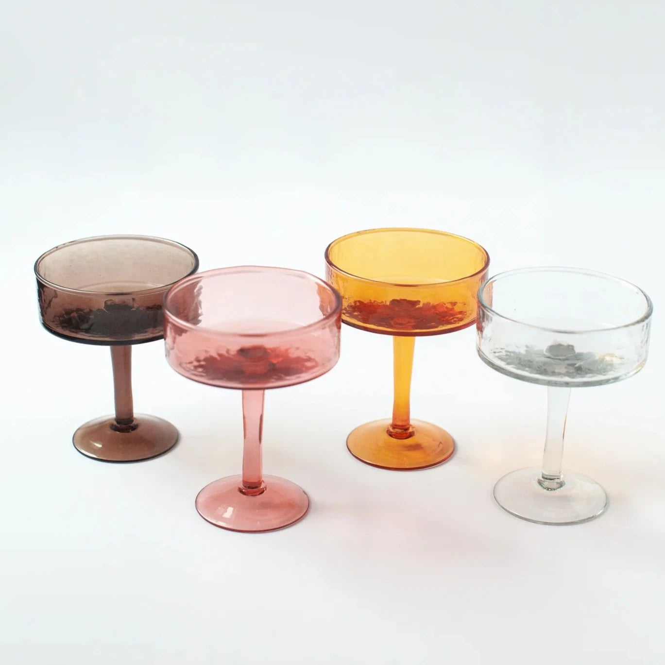 Handblown Hammered Coupe Cocktail Glasses in Amber | Set of 4