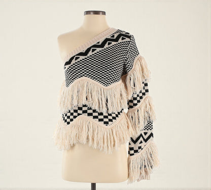 One Shoulder Sweater w Fringe (Size Small) image 0
