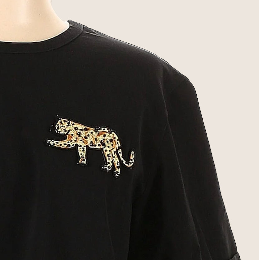 Veronica Beard Black Short Sleeve Tiger Patch Graphic Tee (Size Large) image 1