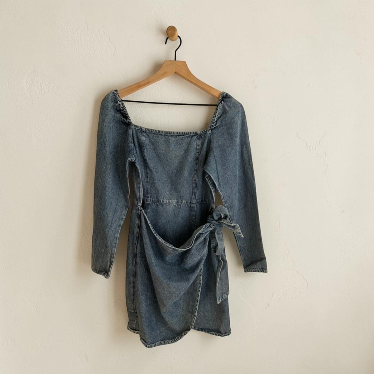 Long Sleeve Denim Wrap Front Mini Dress | Size Small