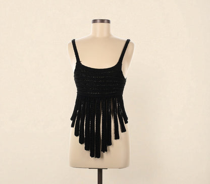 Vintage Black Crochet Crop Top w Fringe (Size 6) image 0