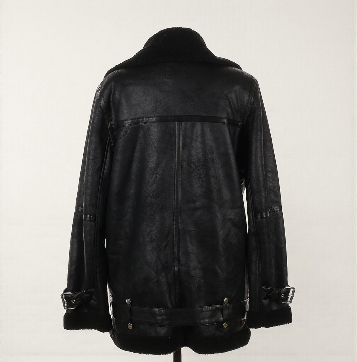 Oversized Black Faux Leather Moto Jacket w/ Shearling (Size Medium) image 1