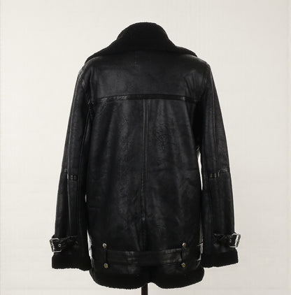 Oversized Black Faux Leather Moto Jacket w/ Shearling (Size Medium) image 1