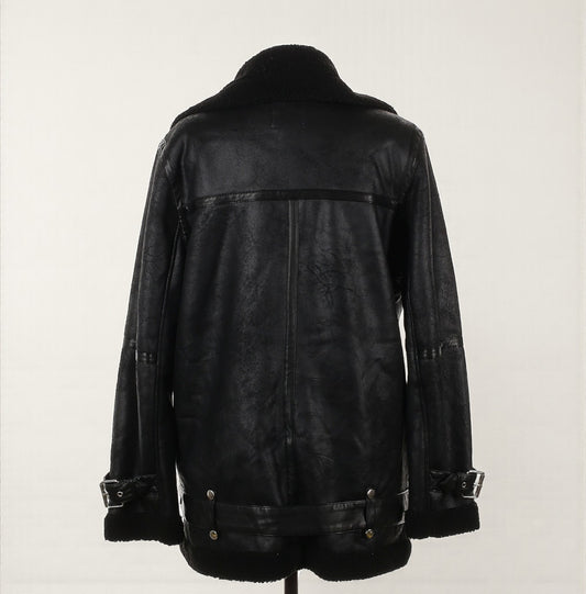 Oversized Black Faux Leather Moto Jacket w/ Shearling (Size Medium) image 1