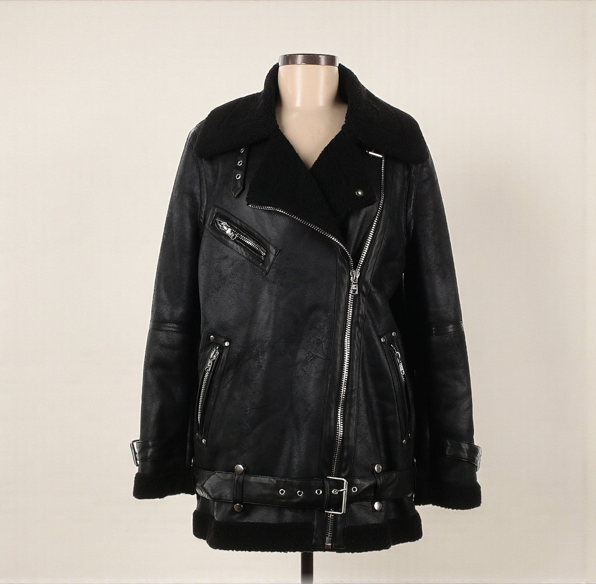 Oversized Black Faux Leather Moto Jacket w/ Shearling (Size Medium) image 0